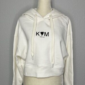 Kimhekim Women's White Cotton Hoodie Cropped Sweater M-L